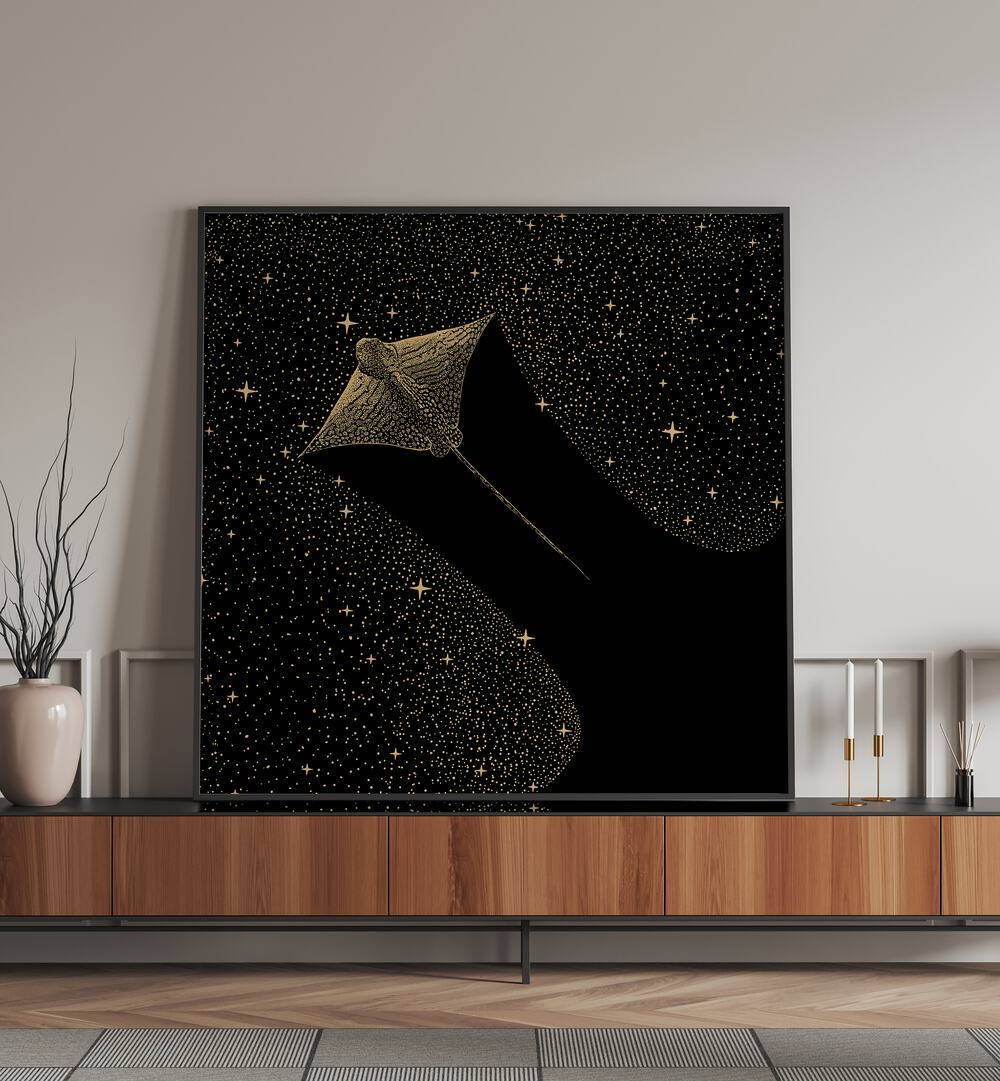 Starry Ornate Eagle Ray Dark Gold Version By Aliriza Çakir Surreal Paintings Surreal Art in Black Plain Frame placed on a Console Table near a White Colored Wall in the Living Room