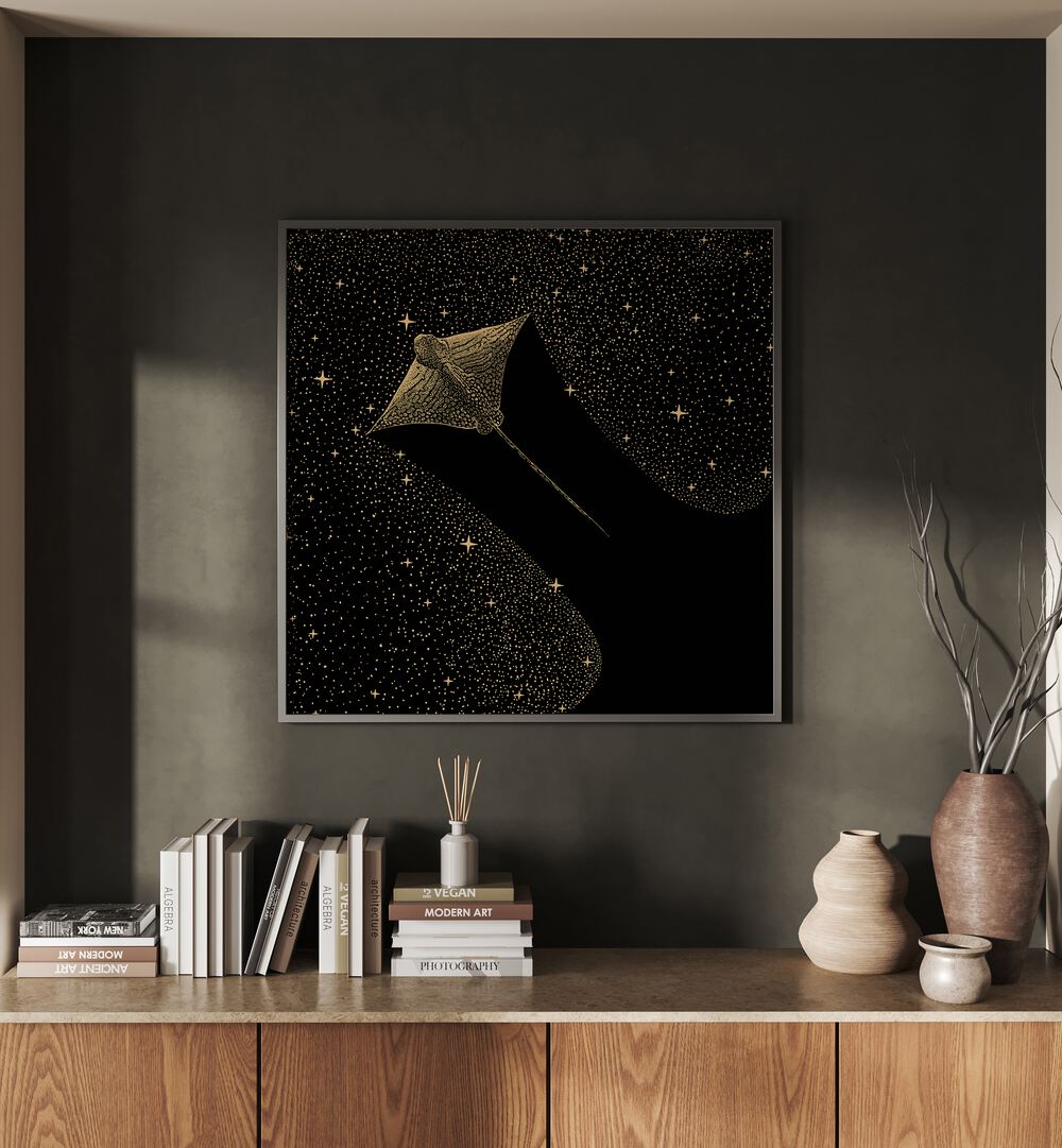 Starry Ornate Eagle Ray Dark Gold Version By Aliriza Çakir Surreal Paintings Surreal Art in Black Plain Frame placed on a Dark Grey Colored Wall above a Console Table in the Living Room