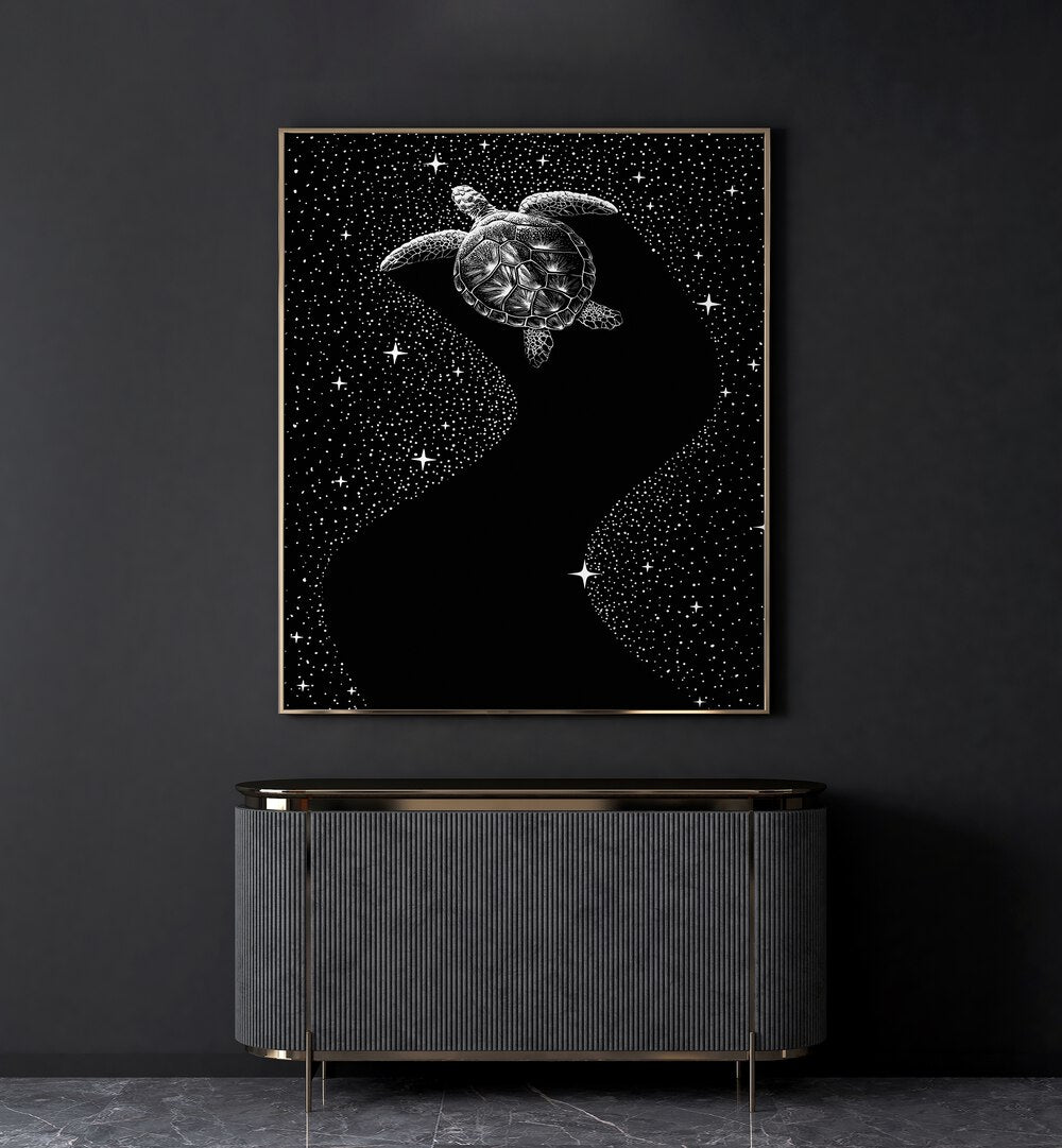 Starry Turtle Black Version By Aliriza Cakir Surreal Paintings Surreal Art in Gold Plain Frame placed on a Dark Grey Colored Wall above a Console Table in the Living Room