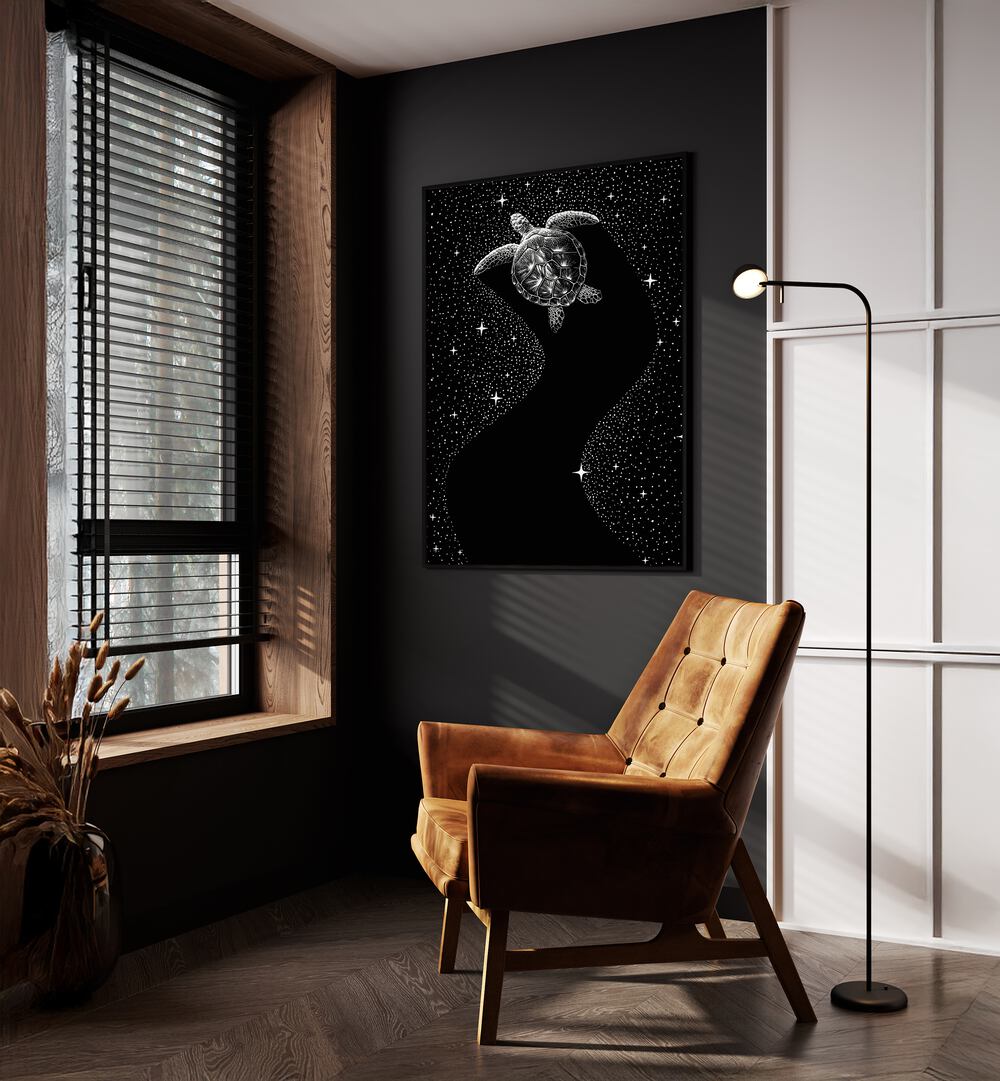 Starry Turtle Black Version By Aliriza Cakir Surreal Paintings Surreal Art in Black Plain Frame placed on a Dark Grey Colored Wall near a Brown Sofa Chair in the Drawing Room