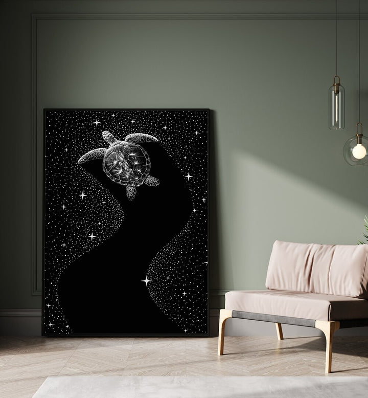 Starry Turtle Black Version By Aliriza Cakir Surreal Paintings Surreal Art in Black Plain Frame placed on the floor near a Green Colored Wall in the Drawing Room