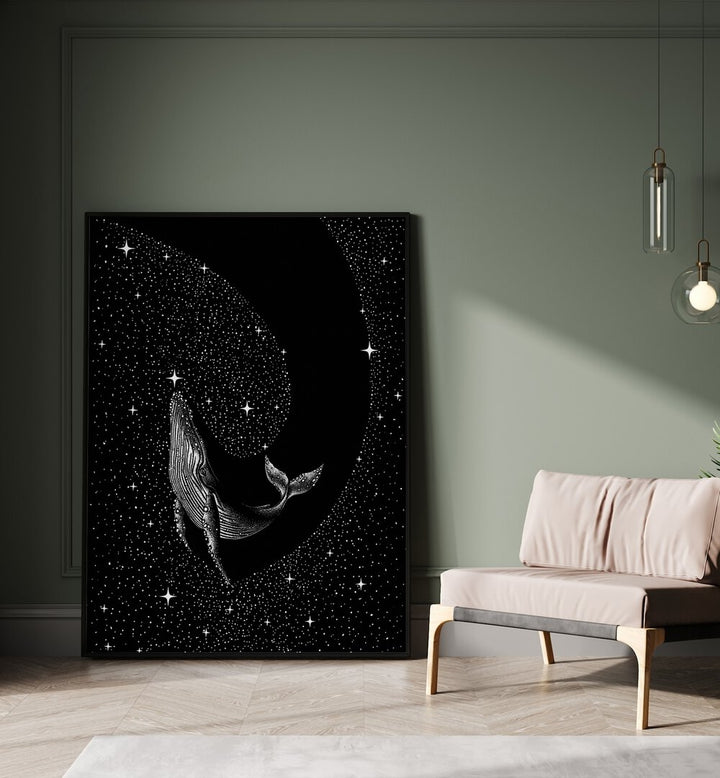 Starry Whale Black Version By Aliriza Çakir Surreal Paintings Surreal Art in Black Plain Frame placed on the floor near a Green Colored Wall in the Drawing Room