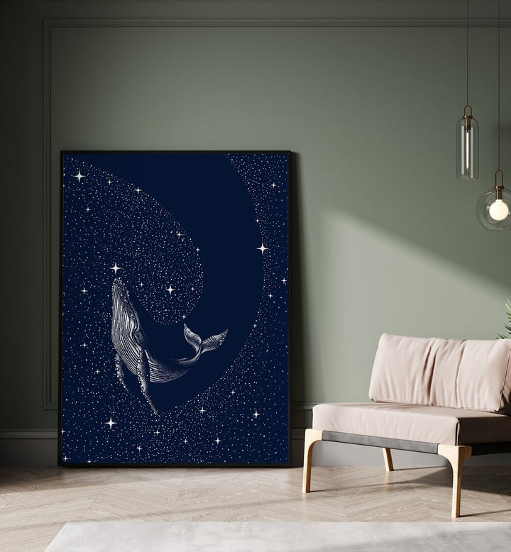 Starry Whale By Aliriza Çakir Surreal Paintings Surreal Art in Black Plain Frame placed on the floor near a Green Colored Wall in the Drawing Room