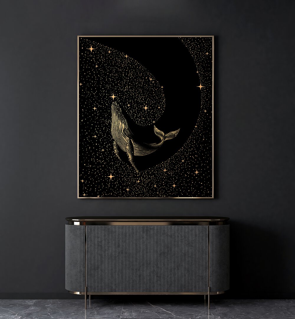 Starry Whale Dark Gold Version By Aliriza Çakir Surreal Paintings Surreal Art in Gold Plain Frame placed on a Dark Grey Colored Wall above a Console Table in the Living Room