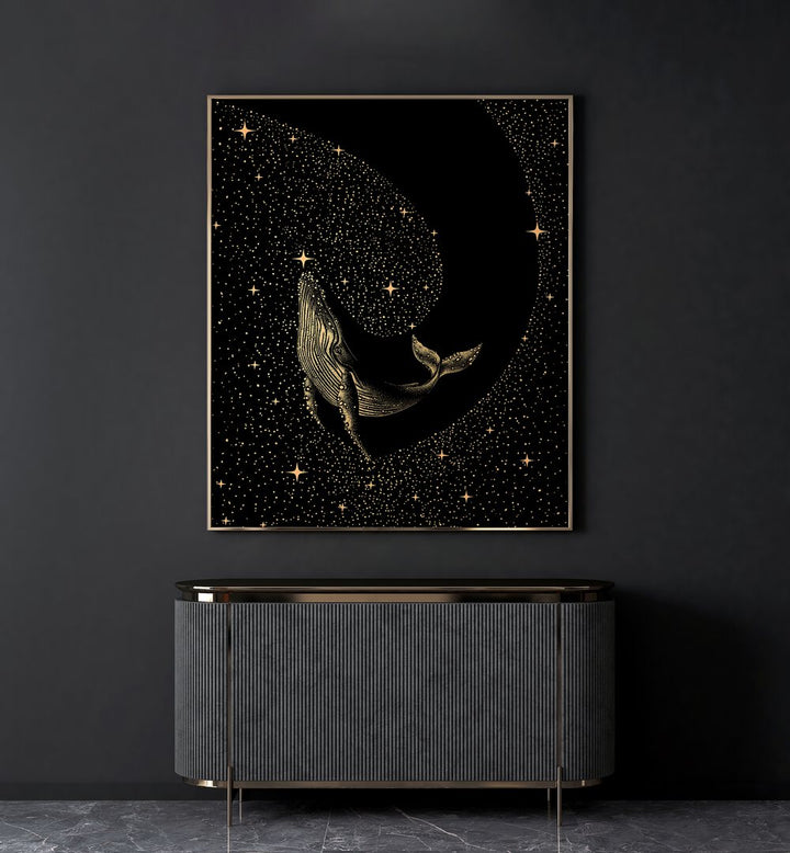 Starry Whale Dark Gold Version By Aliriza Çakir Surreal Paintings Surreal Art in Gold Plain Frame placed on a Dark Grey Colored Wall above a Console Table in the Living Room