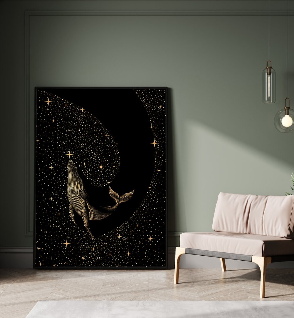 Starry Whale Dark Gold Version By Aliriza Çakir Surreal Paintings Surreal Art in Black Plain Frame placed on the floor near a Green Colored Wall in the Drawing Room