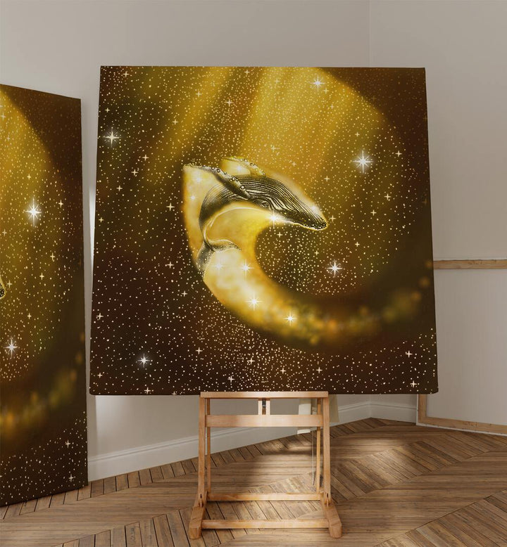 Starry Whale In Golden Space By Aliriza Çakir Surreal Paintings Surreal Art in Gallery Wrap placed on a Canvas Stand in the Drawing Room