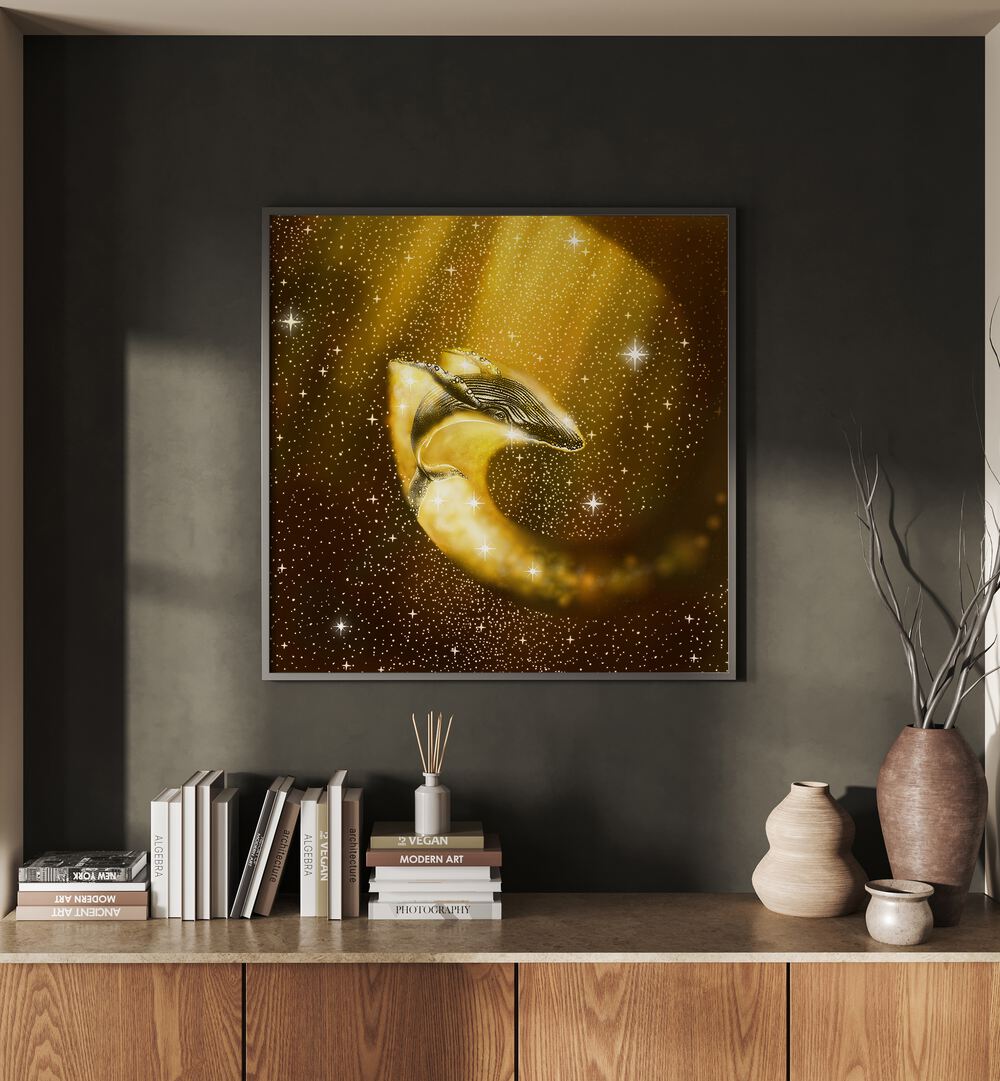 Starry Whale In Golden Space By Aliriza Çakir Surreal Paintings Surreal Art in Black Plain Frame placed on a Dark Grey Colored Wall above a Console Table in the Living Room