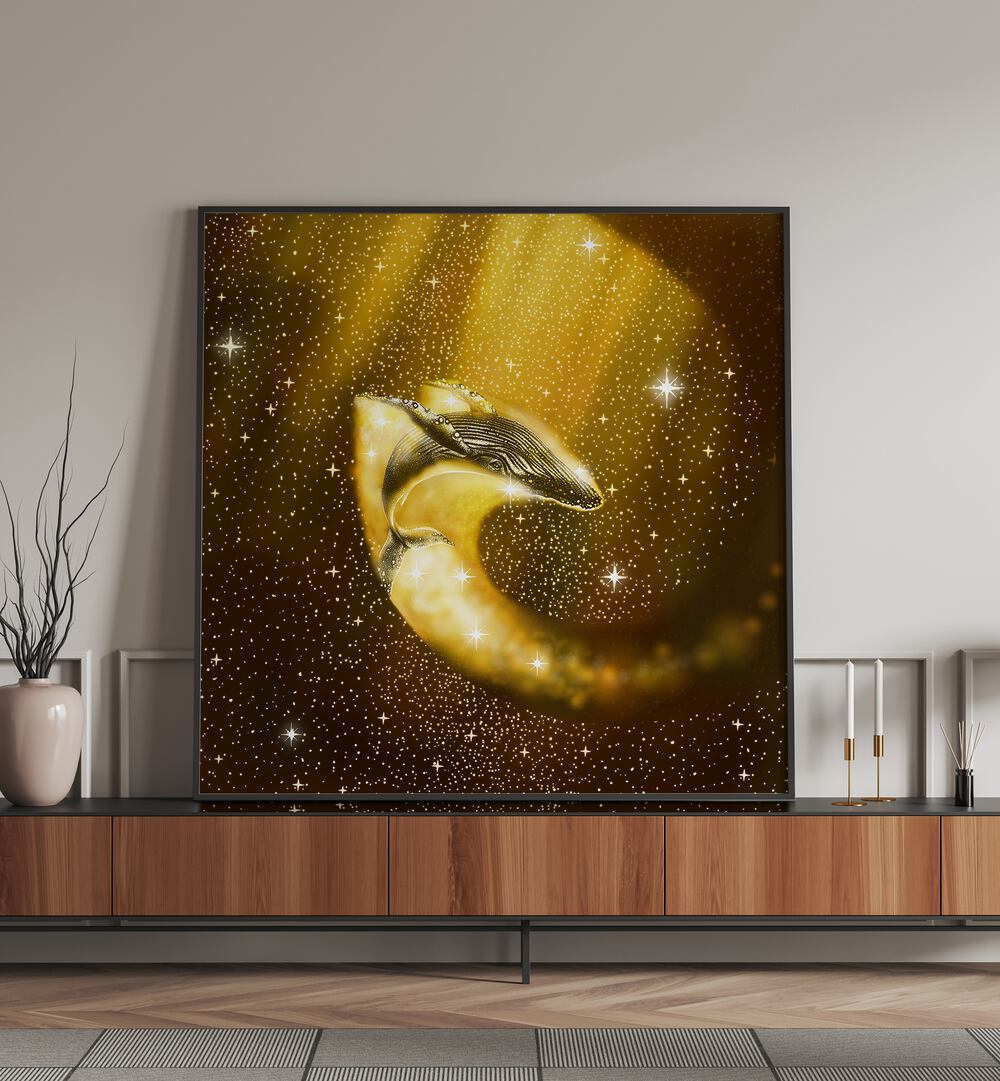 Starry Whale In Golden Space By Aliriza Çakir Surreal Paintings Surreal Art in Black Plain Frame placed on a Console Table near a White Colored Wall in the Living Room