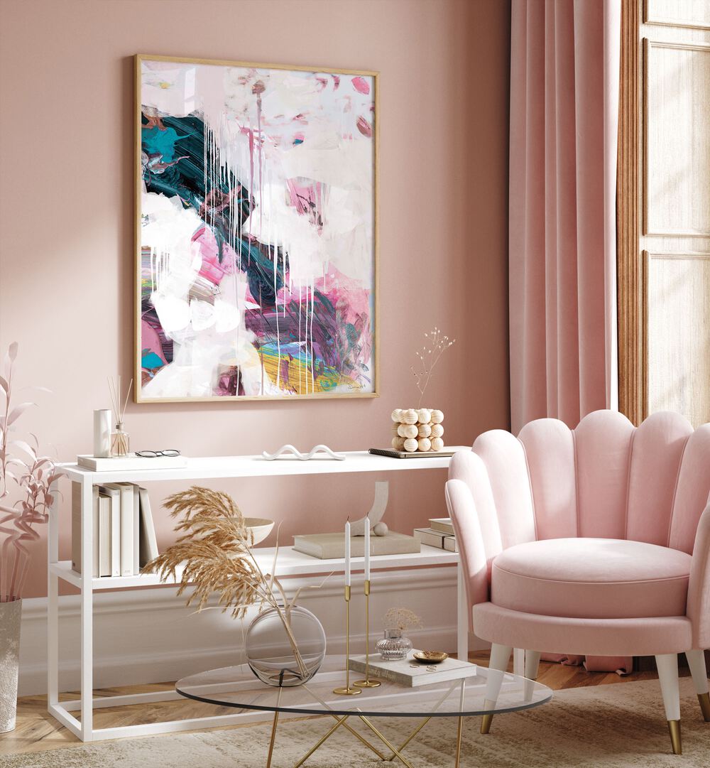 Statement I By Dan Hobday Abstract Art Abstract Paintings in Oak Wood Plain Frame placed on a Pink Colored Wall above a Console Table in the Drawing Room