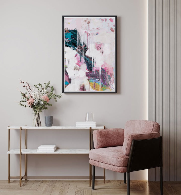 Statement I By Dan Hobday Abstract Art Abstract Paintings in Black Plain Frame placed on a White Colored Wall above a Console Table in the Drawing Room