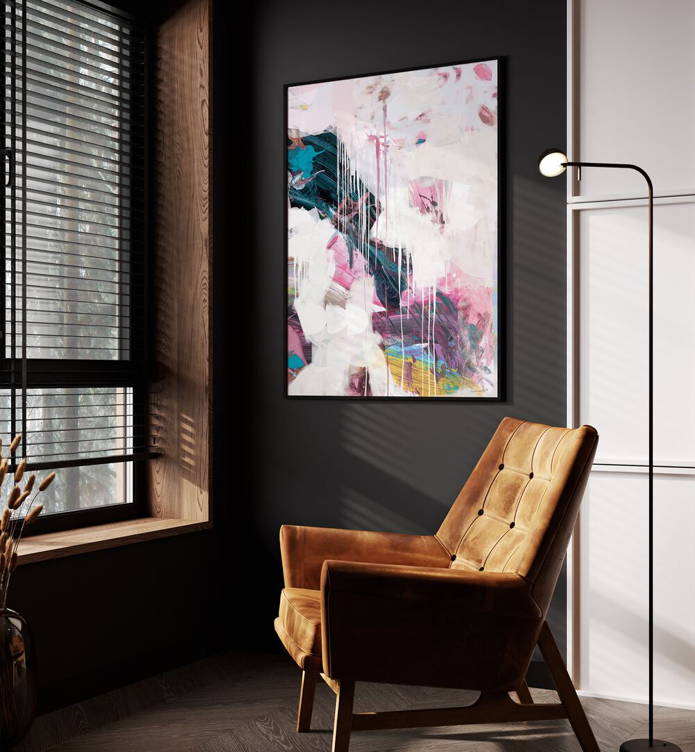 Statement I By Dan Hobday Abstract Art Abstract Paintings in Black Plain Frame placed on a Dark Grey Colored Wall in the Drawing Room