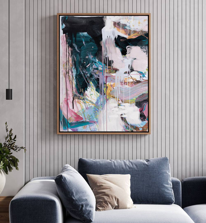 Statement II By Dan Hobday Abstract Art Abstract Paintings in Oak Wood Floater Frame placed on a White Colored Wall near a Blue Sofa in the Living Room