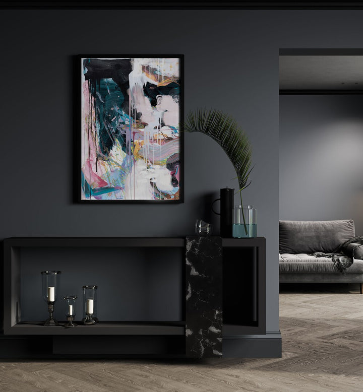 Statement II By Dan Hobday Abstract Art Abstract Paintings in Black Plain Frame placed on a Dark Grey Colored Wall above a Console Table in the Drawing Room