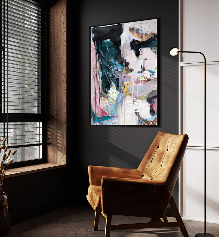 Statement II By Dan Hobday Abstract Art Abstract Paintings in Black Plain Frame placed on a Dark Grey Colored Wall in the Drawing Room