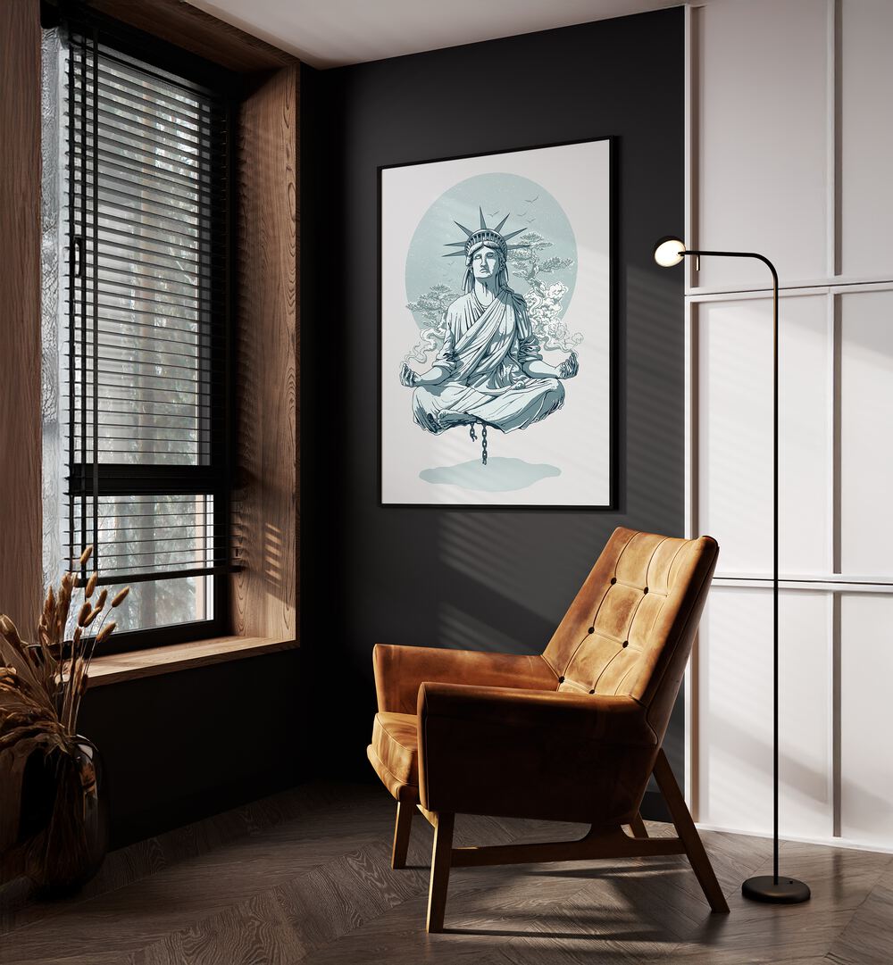 Statue Of Liberty Meditating American Art Prints in Black Plain Frame placed on a Dark Grey Colored Wall in the Drawing Room