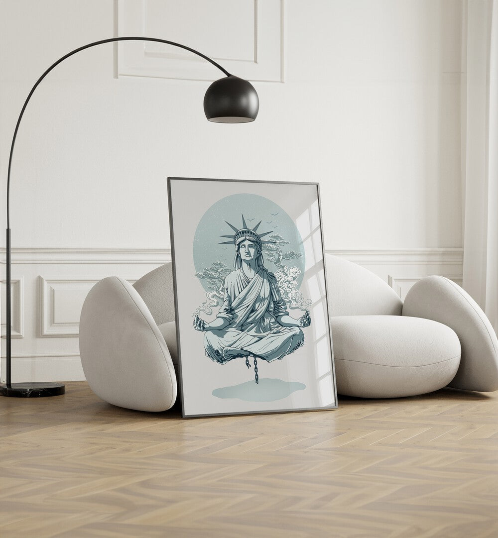 Statue Of Liberty Meditating American Art Prints in Black Plain Frame placed on the floor near a White Sofa in the Living Room