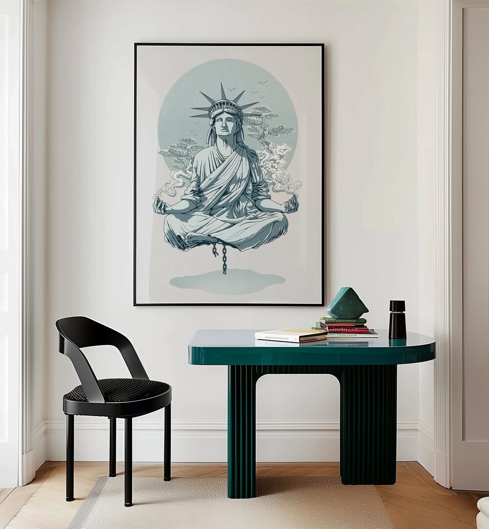 Statue Of Liberty Meditating American Art Prints in Black Plain Frame placed on a White Colored Wall Near a Study Table in the Work Space in the Drawing Room