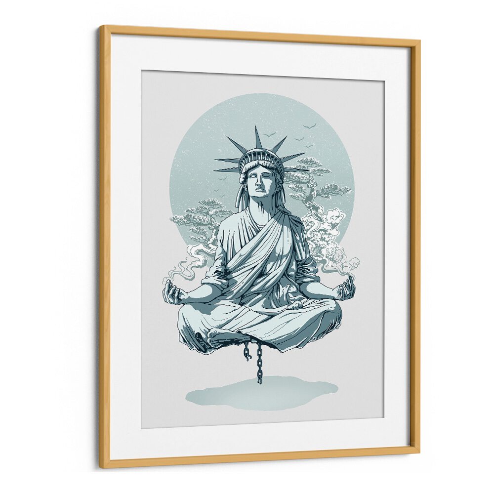 Statue Of Liberty Meditating American Art Prints in Oak Wood Frame With Mount