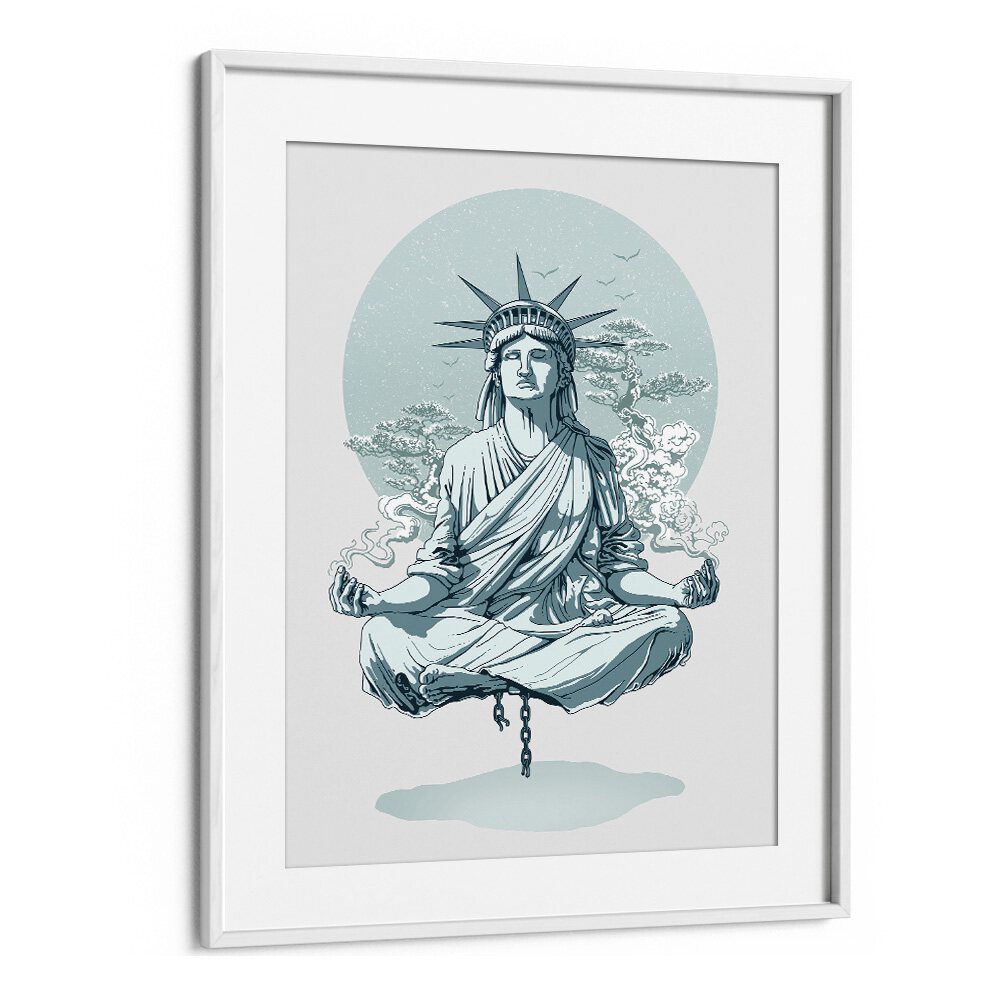 Statue Of Liberty Meditating American Art Prints in White Frame With Mount