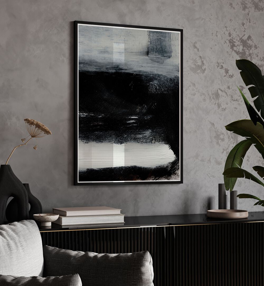 Stay By Dan Hobday Abstract Art Abstract Paintings in Black Plain Frame placed on a Grey Colored Wall above a Console Table in the Living Room