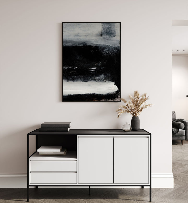 Stay By Dan Hobday Abstract Art Abstract Paintings in Black Plain Frame placed on a White Colored Wall above a Console Table in the Drawing Room