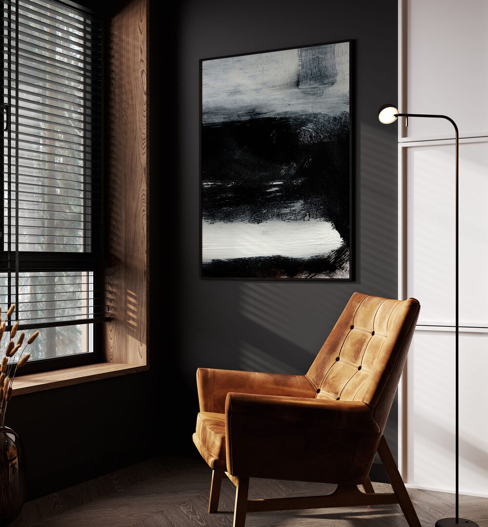 Stay By Dan Hobday Abstract Art Abstract Paintings in Black Plain Frame placed on a Dark Grey Colored Wall in the Drawing Room