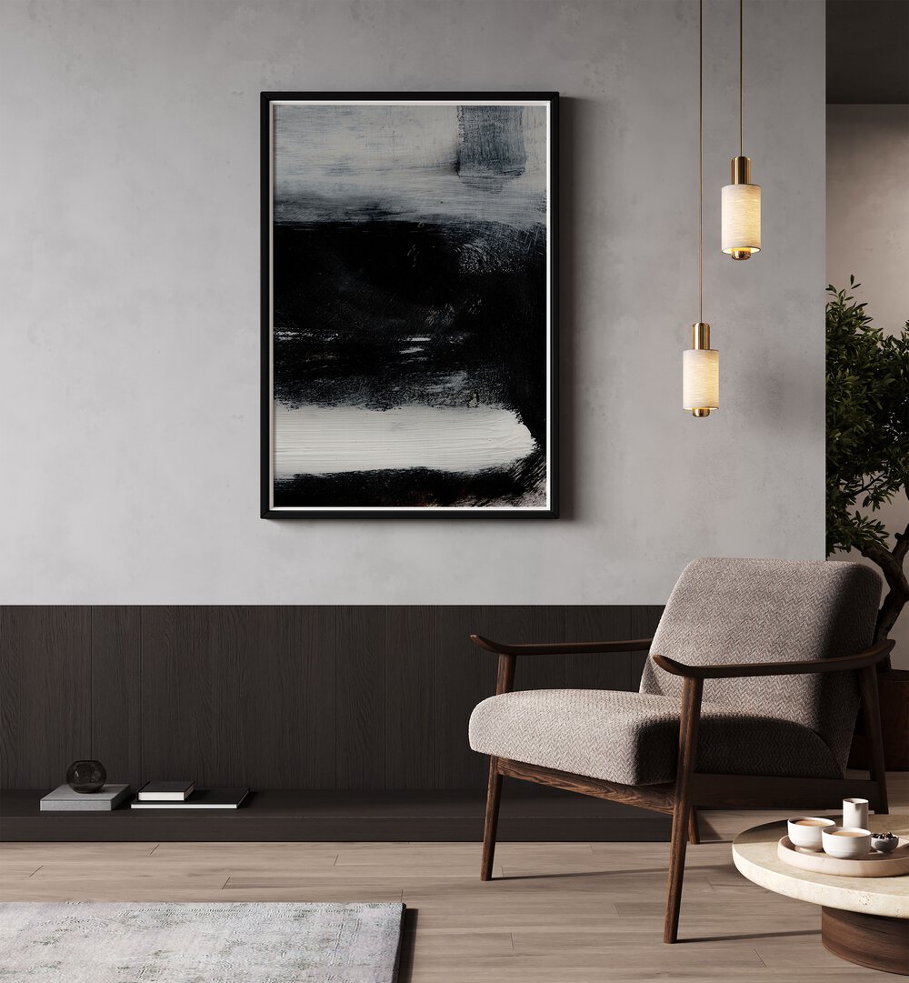 Stay By Dan Hobday Abstract Art Abstract Paintings in Black Plain Frame placed on a Beige Colored Wall in the Drawing Room