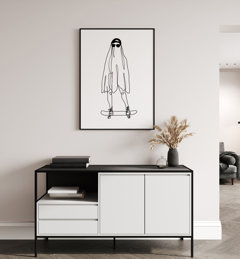 Stay Creepy by Hanna Lee Tidd Line Art Paintings Line Art Prints in Black Plain Frame placed on a wall behind a table