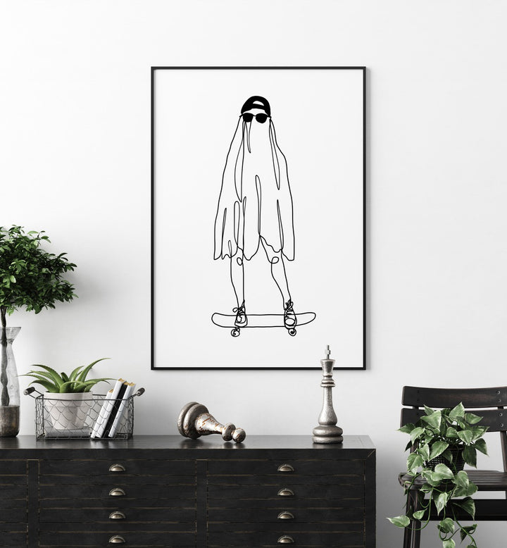 Stay Creepy by Hanna Lee Tidd Line Art Paintings Line Art Prints in Black Plain Frame placed on a wall behind a table