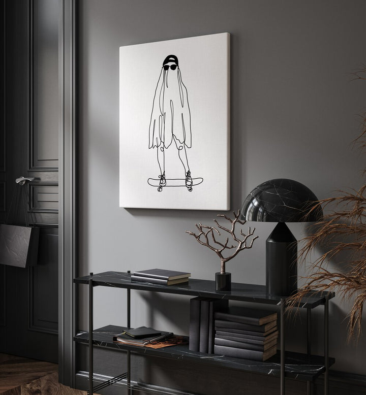 Stay Creepy by Hanna Lee Tidd Line Art Paintings Line Art Prints in Gallery Wrap placed on a wall behind a table and beside a door