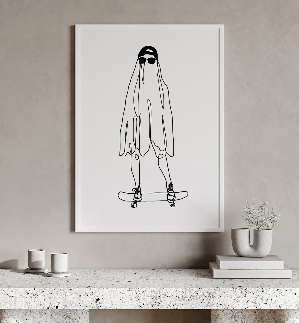 Stay Creepy by Hanna Lee Tidd Line Art Paintings Line Art Prints in White Plain Frame placed on a wall behind a table