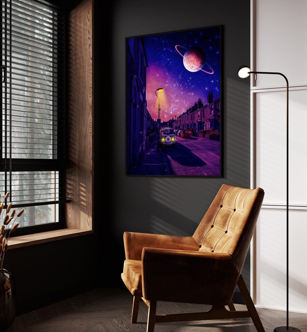 Stellar By Ritvik Takkar Surreal Paintings in Black Plain Frame placed on a Dark Grey Colored Wall in the Drawing Room