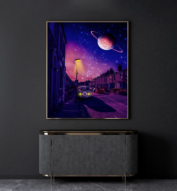 Stellar By Ritvik Takkar Surreal Paintings in Black Plain Frame placed on a Dark Grey Colored Wall above a Console Table in the Drawing Room