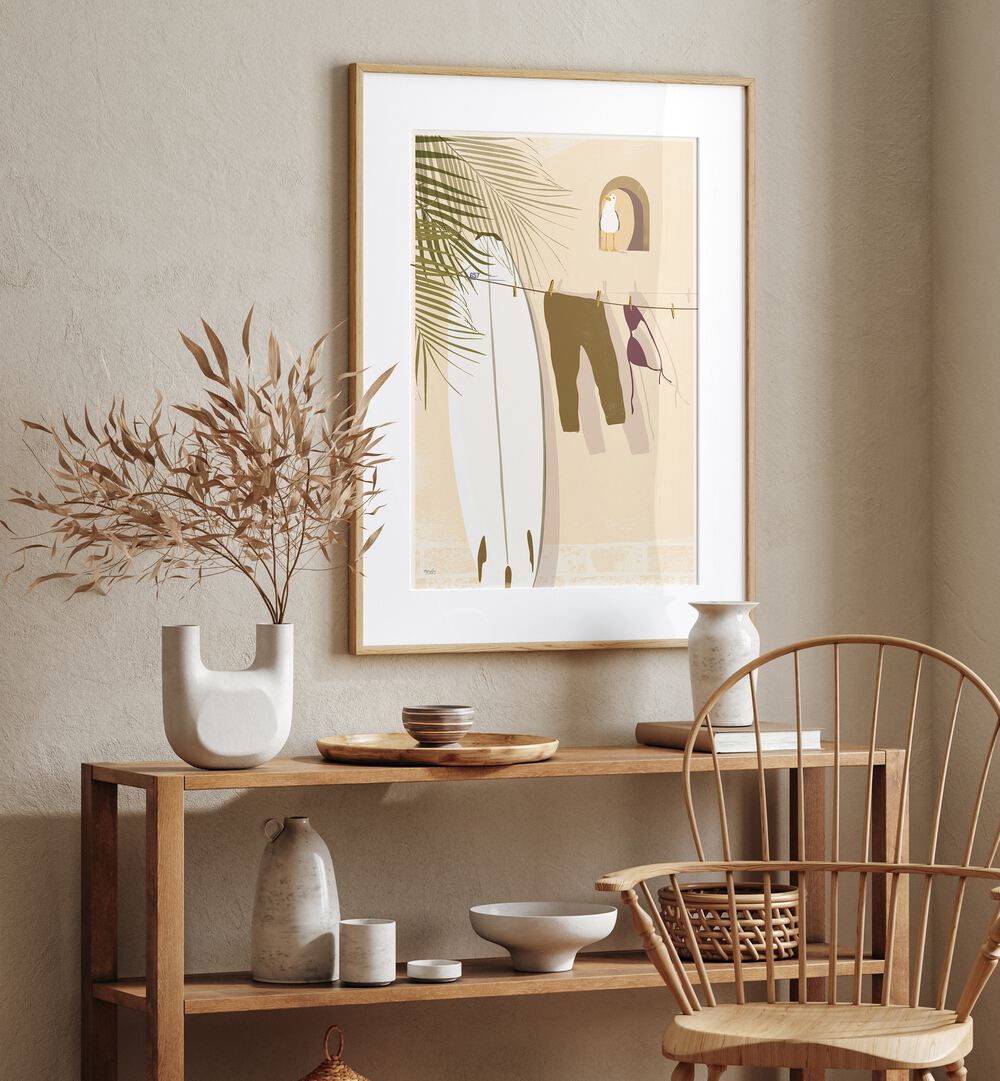 Still Life By Andi Bell Beach Prints in Oak Wood Frame With Mount on a cream wall placed above a table