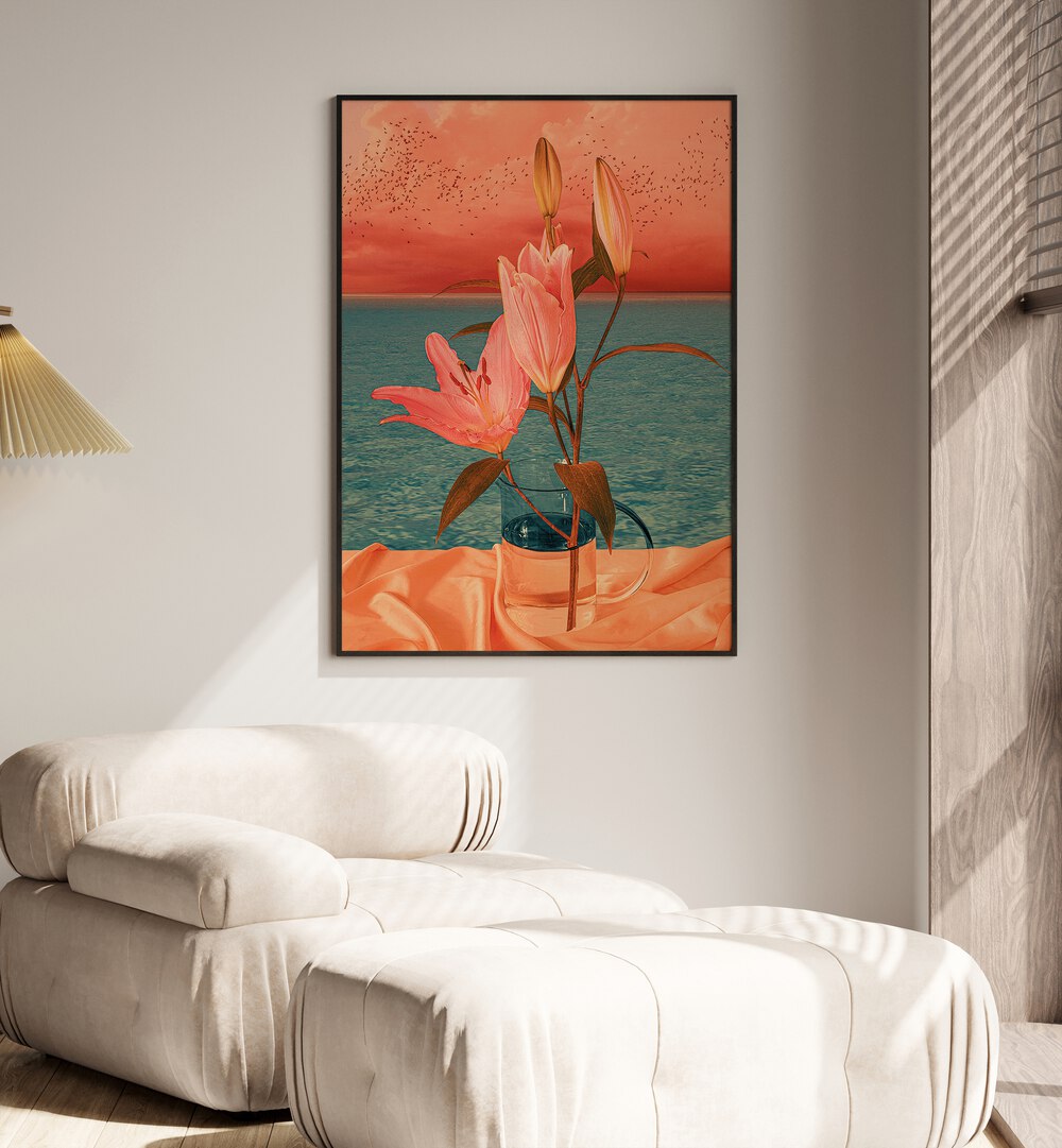 Still Life By Cosmo Zach Surreal Art Prints Surrealism in Black Plain Frame placed on a wall behind a sofa