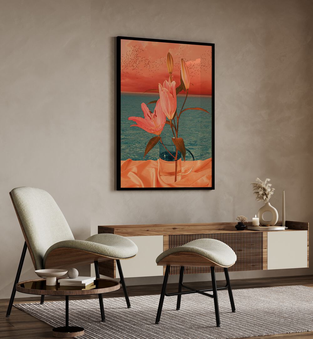 Still Life By Cosmo Zach Surreal Art Prints Surrealism in Black Plain Frame placed on a wall behind a console table