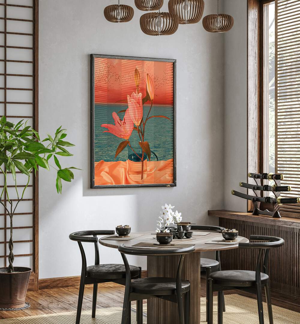 Still Life By Cosmo Zach Surreal Art Prints Surrealism in Black Plain Frame placed on a wall behind a dining table 