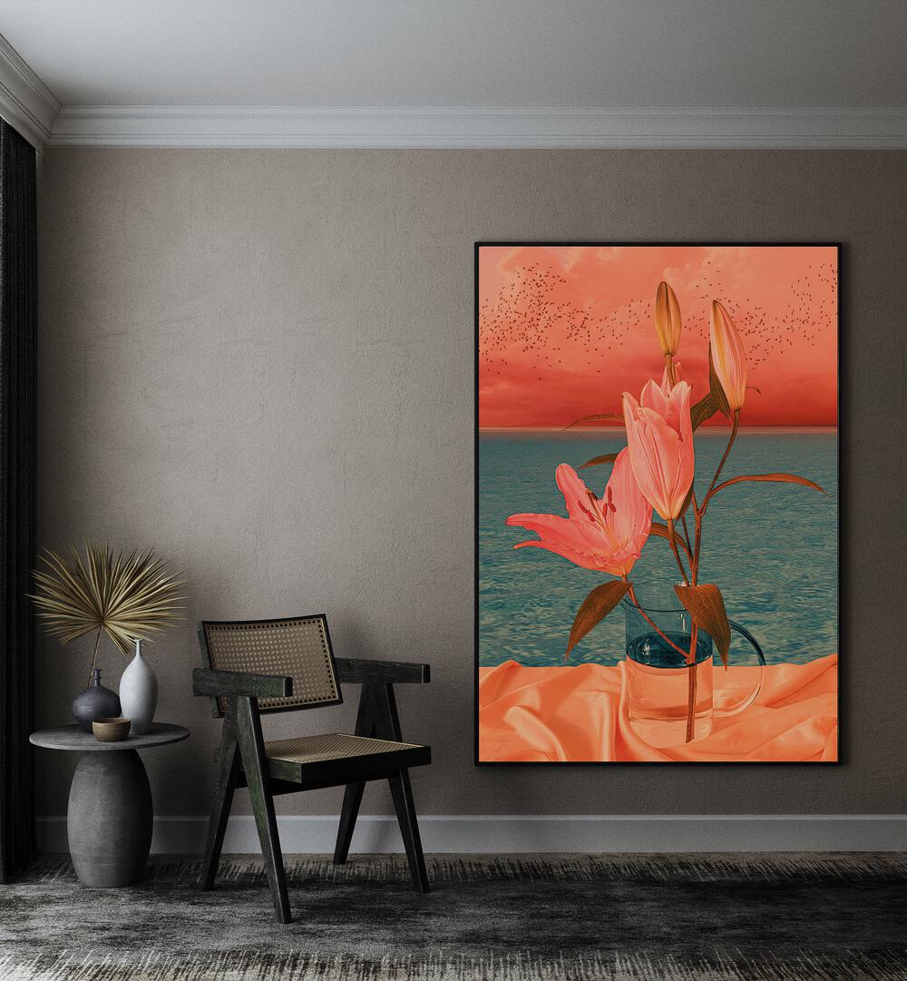 Still Life By Cosmo Zach Surreal Art Prints Surrealism in Black Plain Frame placed on a wall beside a chair