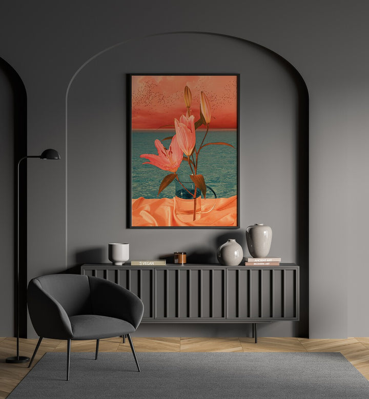 Still Life By Cosmo Zach Surreal Art Prints Surrealism in Black Plain Frame placed on a wall behind a console table