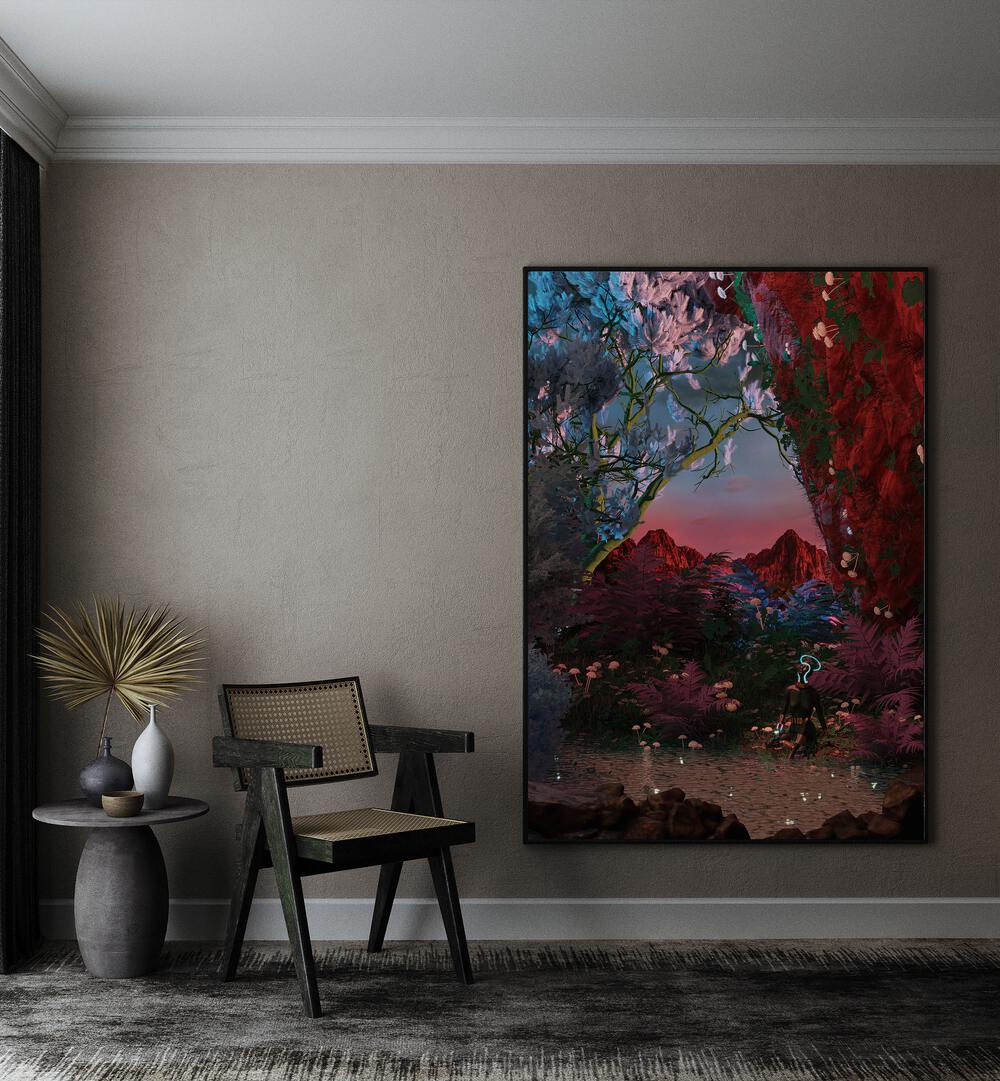 Still Life Fishing Pond By Cosmo Zach Surreal Art Prints Surrealism in Black Plain Frame placed on the wall beside a chair