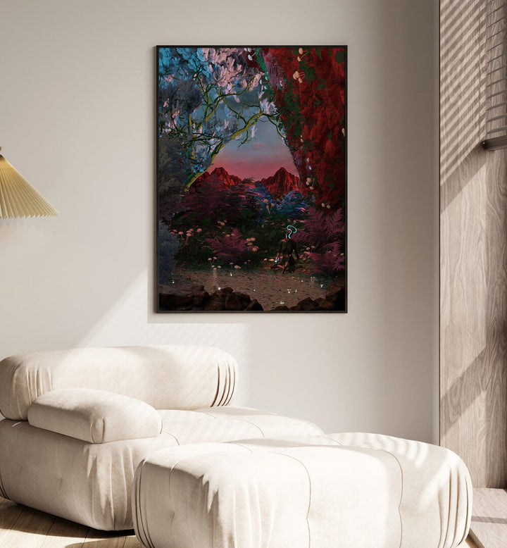 Still Life Fishing Pond By Cosmo Zach Surreal Art Prints Surrealism in Black Plain Frame placed on the wall behind a sofa