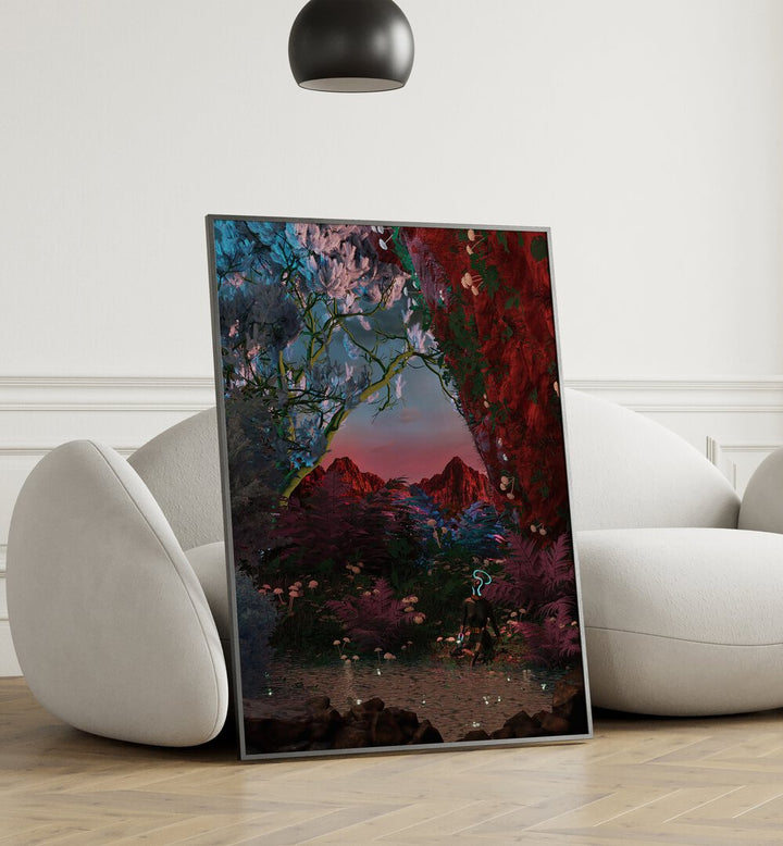 Still Life Fishing Pond By Cosmo Zach Surreal Art Prints Surrealism in Black Plain Frame placed on the floor beside a sofa