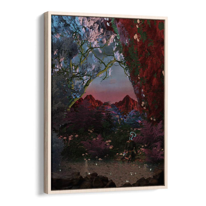 Still Life Fishing Pond By Cosmo Zach Surreal Art Prints in Oak Wood Floater Frame