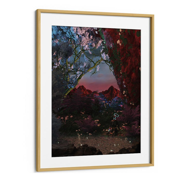 Still Life Fishing Pond By Cosmo Zach Surreal Art Prints in Oak Wood Frame With Mount