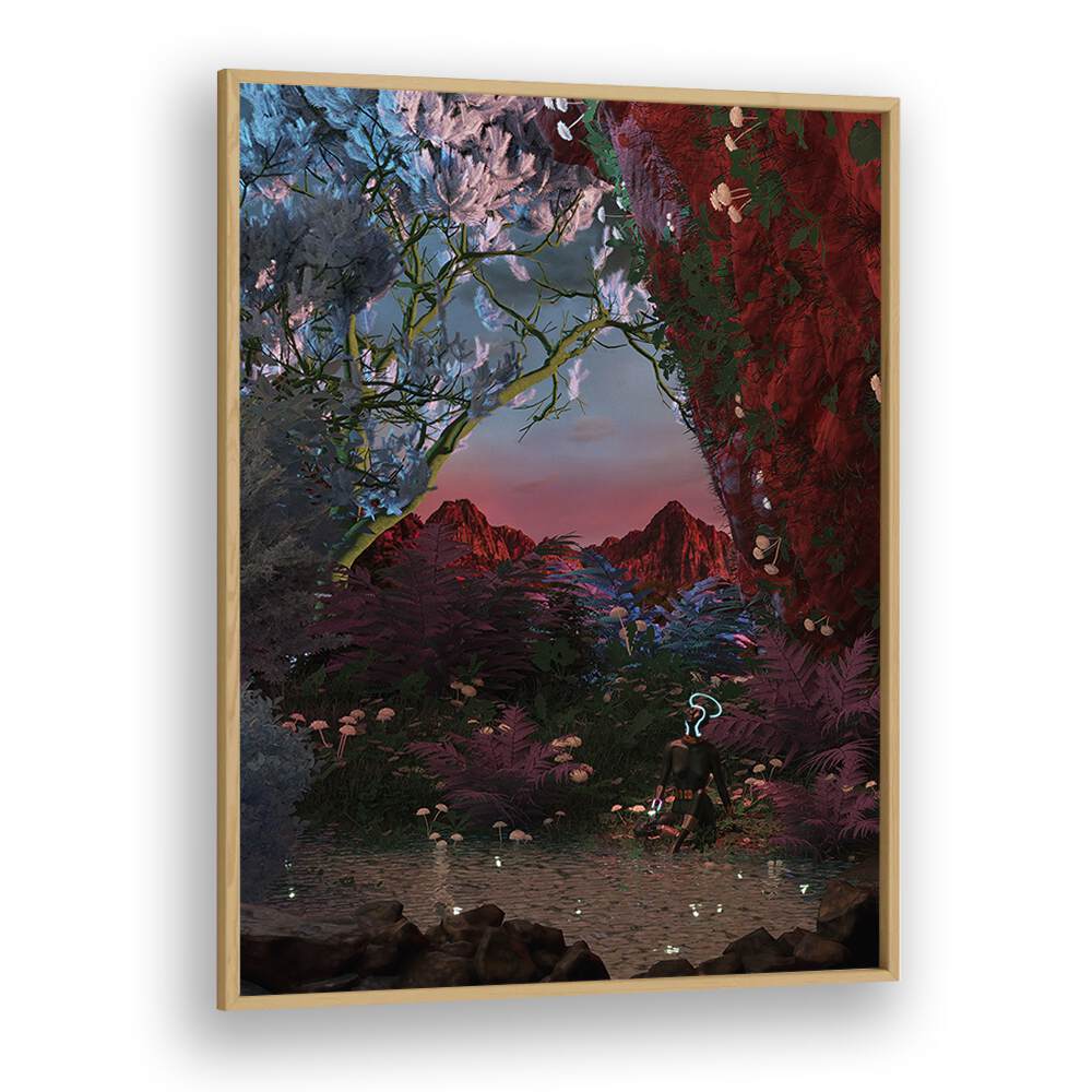 Still Life Fishing Pond By Cosmo Zach Surreal Art Prints in Oak Wood Plain Frame