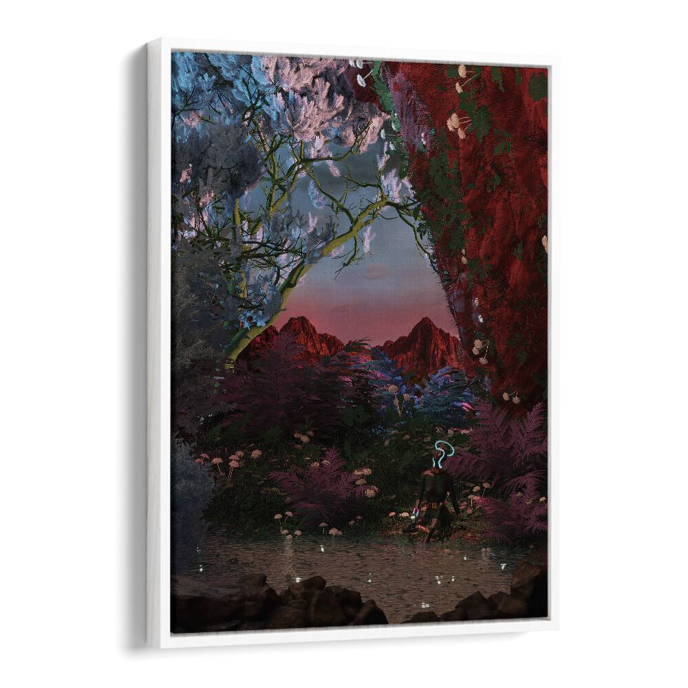 Still Life Fishing Pond By Cosmo Zach Surreal Art Prints in White Floater Frame