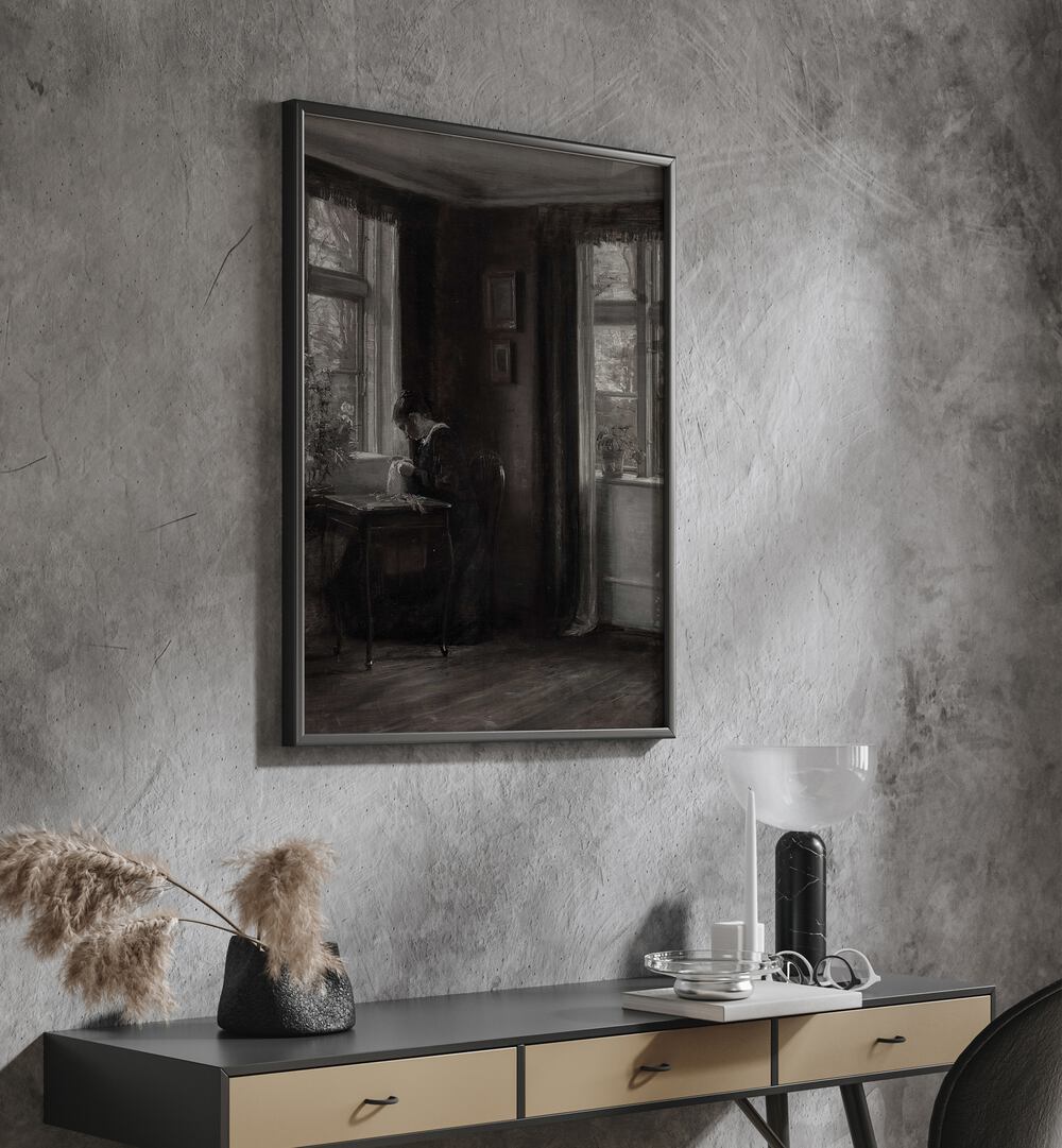 Stitching Shadows Gothic Threads Of Fate Gothic Art Prints in Black Plain Frame hanging on wall above console table.