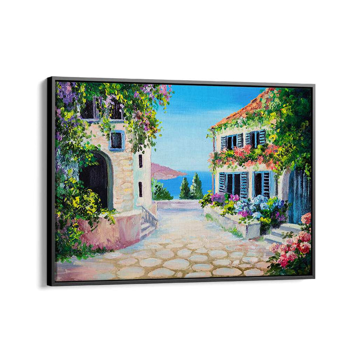 Stone Bridge Houses Vintage European Paintings in Black Floater Frame