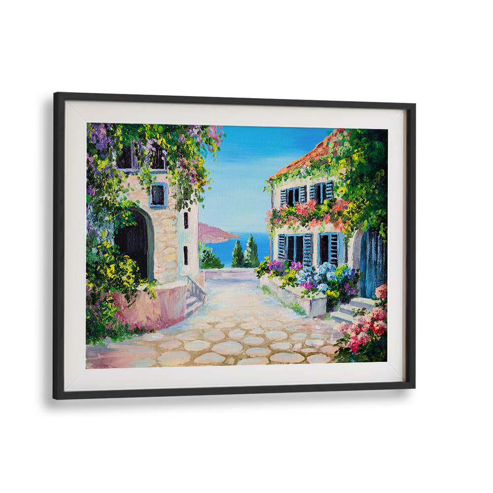 Stone Bridge Houses Vintage European Paintings in Black Frame With Mount